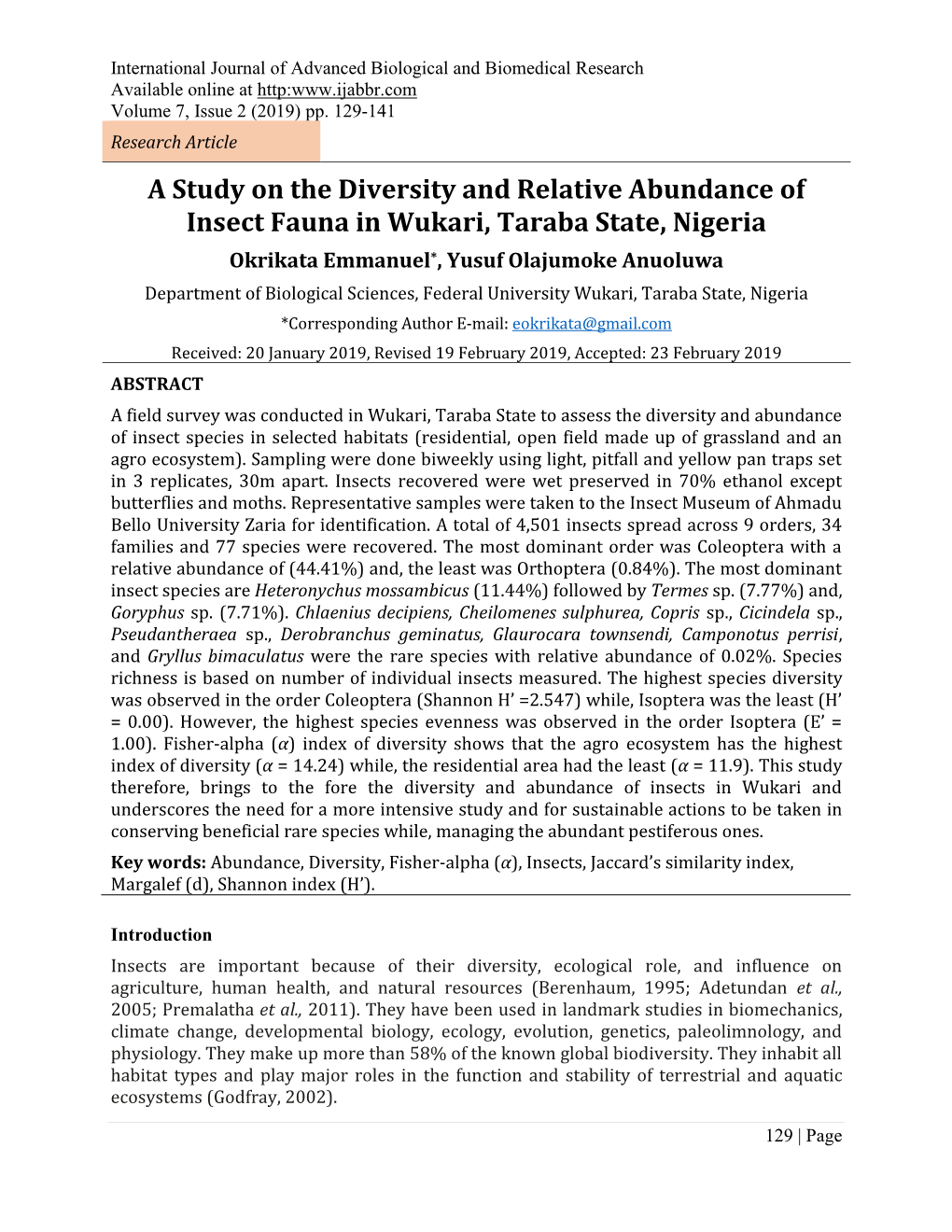 A Study on the Diversity and Relative Abundance of Insect Fauna In