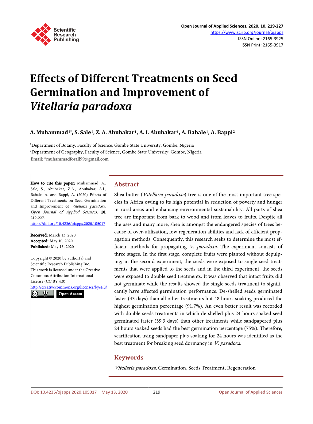 Effects of Different Treatments on Seed Germination and Improvement of Vitellaria Paradoxa