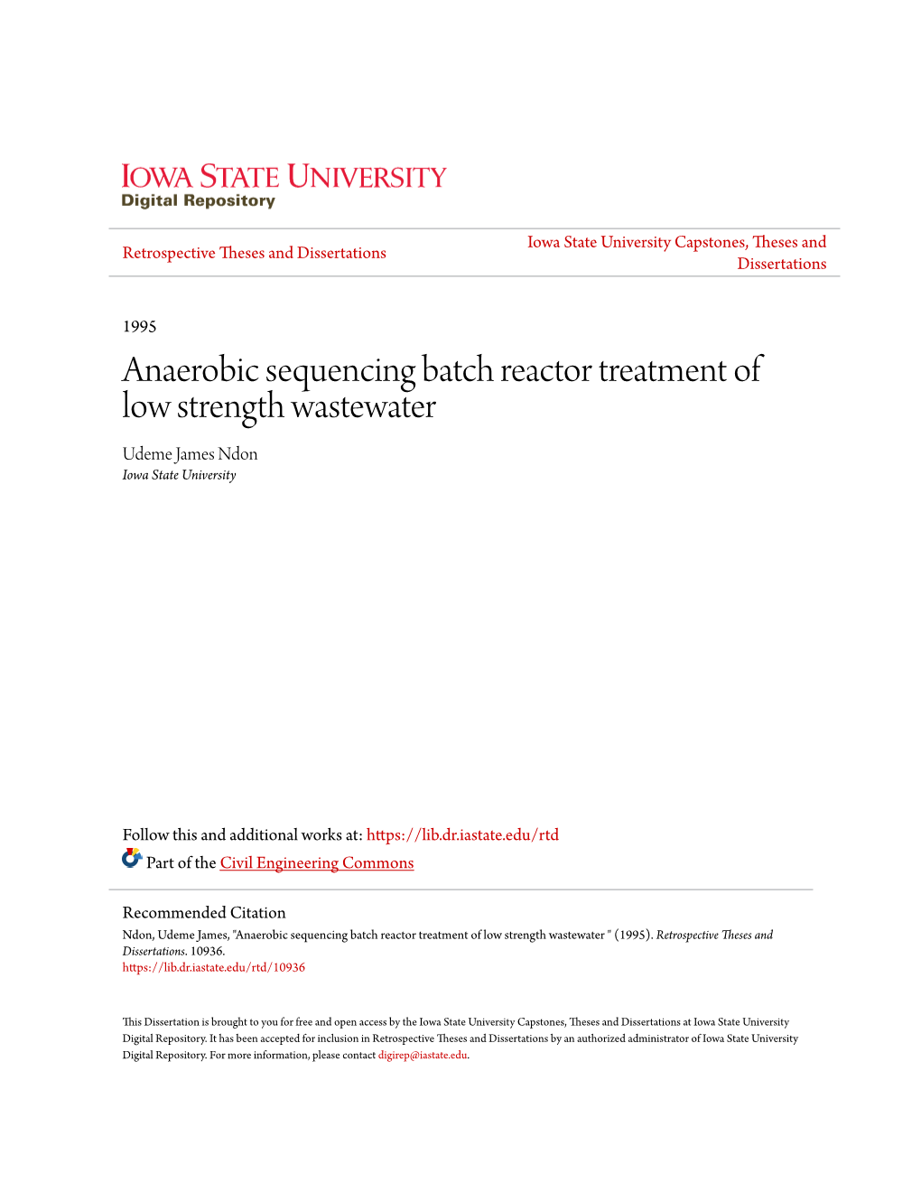 Anaerobic Sequencing Batch Reactor Treatment of Low Strength Wastewater Udeme James Ndon Iowa State University