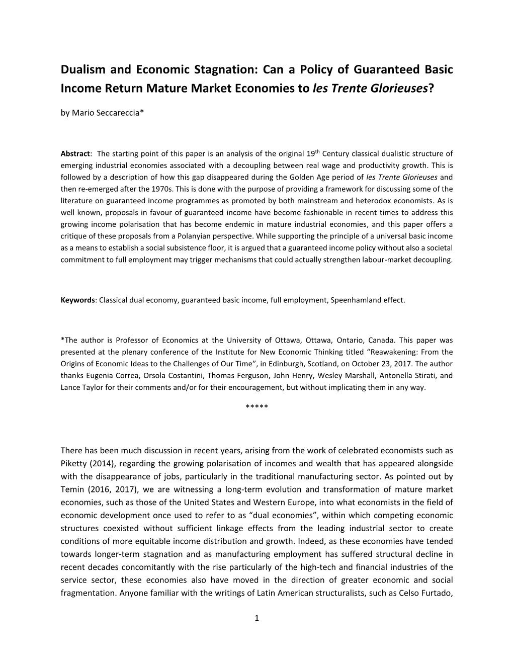 Can a Policy of Guaranteed Basic Income Return Mature Market Economies to Les Trente Glorieuses? by Mario Seccareccia*