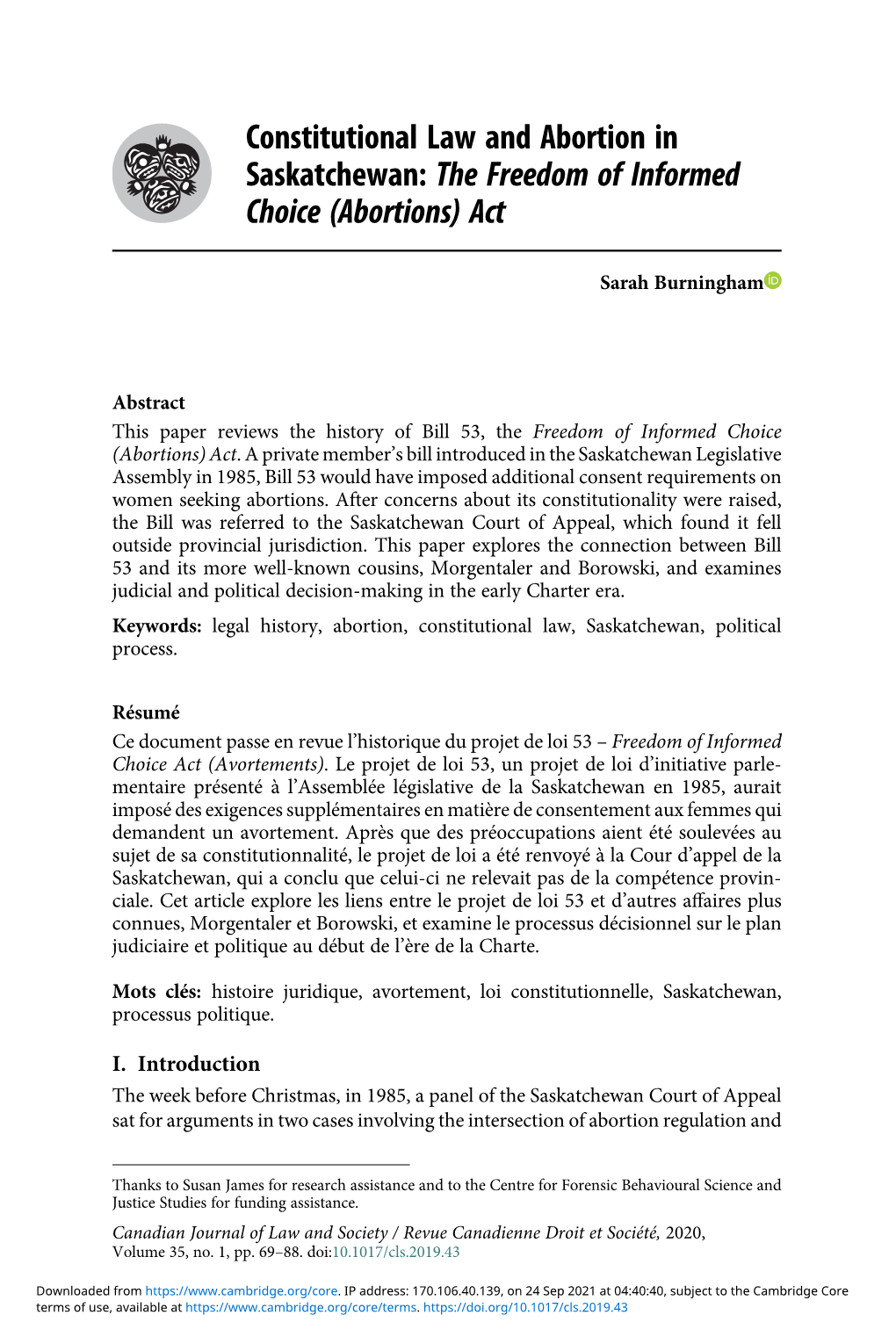 Constitutional Law and Abortion in Saskatchewan: the Freedom of Informed Choice (Abortions) Act