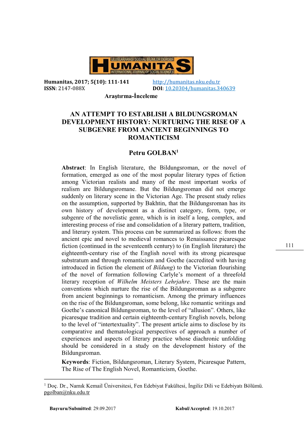 An Attempt to Establish a Bildungsroman Development History: Nurturing the Rise of a Subgenre from Ancient Beginnings to Romanticism