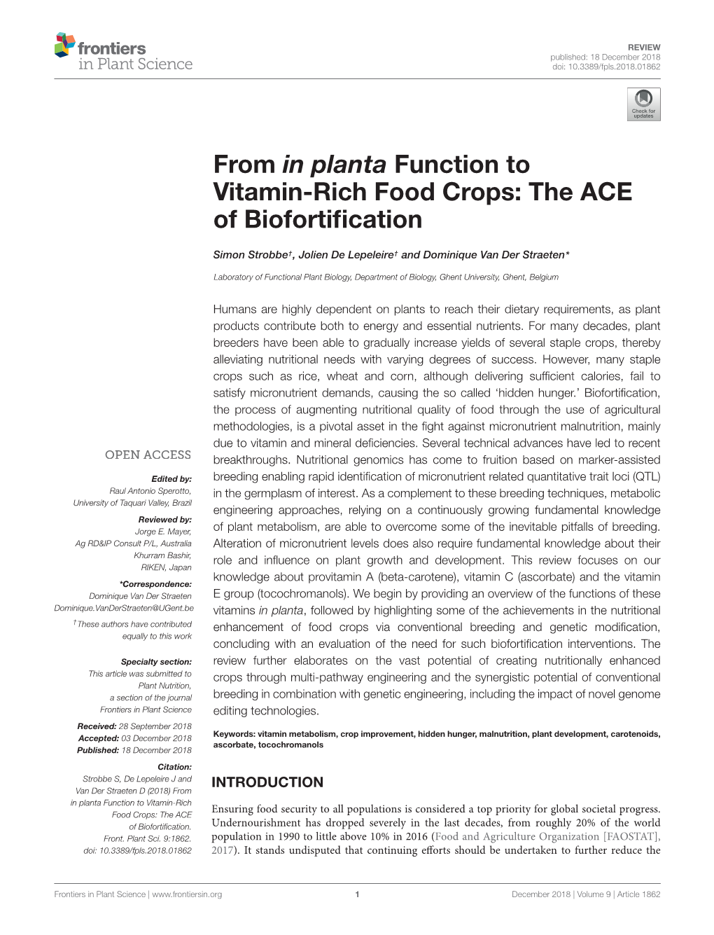 From in Planta Function to Vitamin-Rich Food Crops: the ACE of Biofortiﬁcation