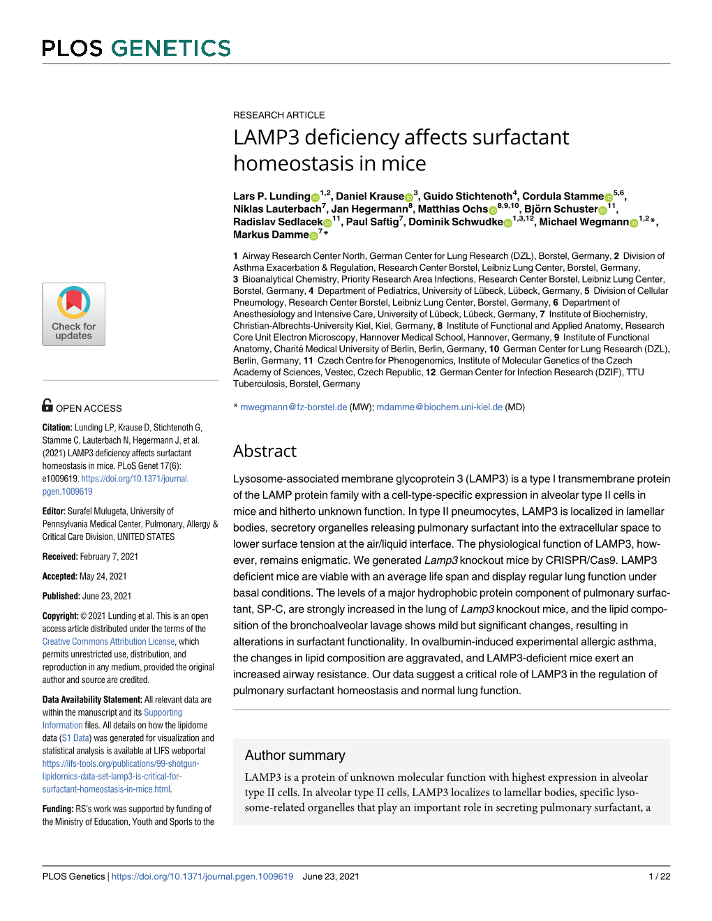 LAMP3 Deficiency Affects Surfactant Homeostasis in Mice