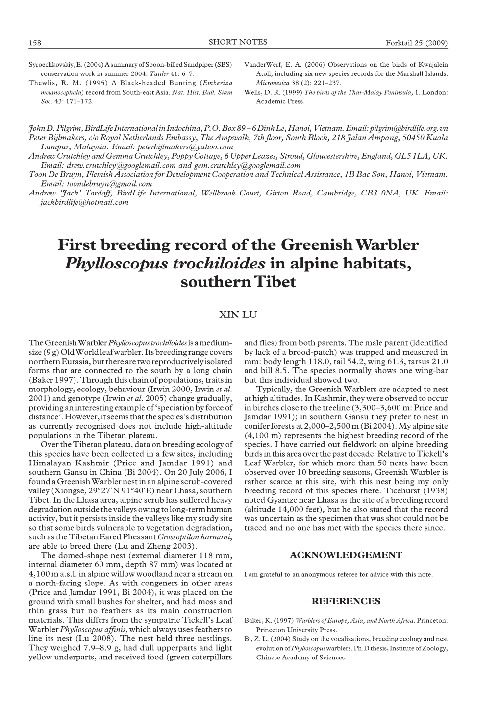 First Breeding Record of the Greenish Warbler Phylloscopus Trochiloides in Alpine Habitats, Southern Tibet