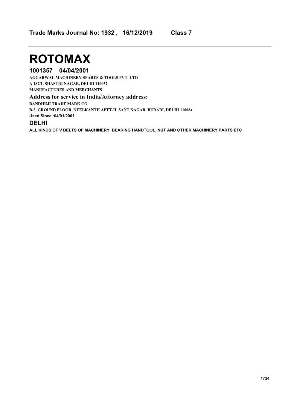 Rotomax 1001357 04/04/2001 Aggarwal Machinery Spares & Tools Pvt