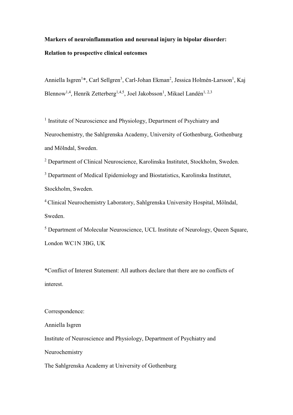 Markers of Neuroinflammation and Neuronal Injury in Bipolar Disorder