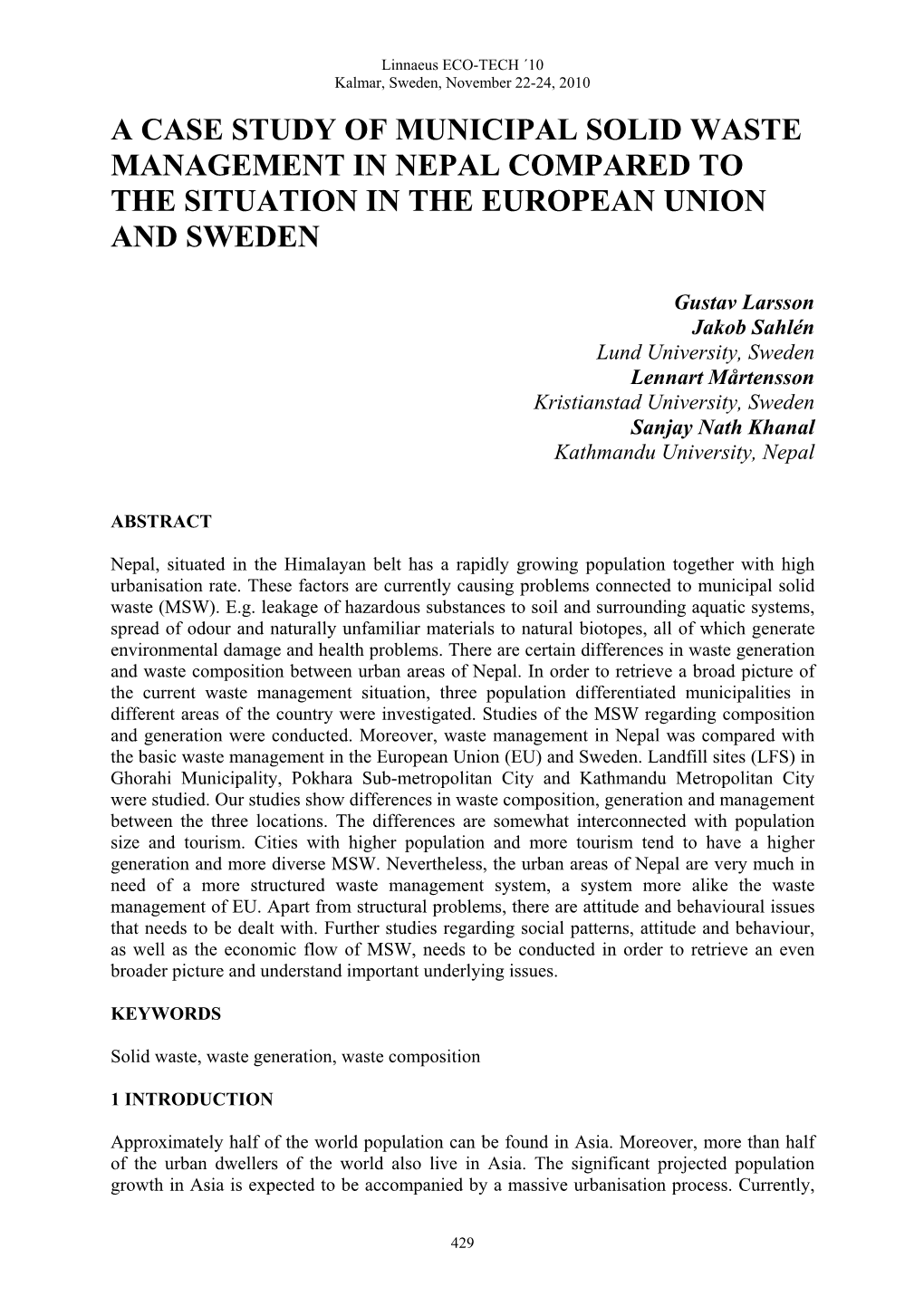 A Case Study of Municipal Solid Waste Management in Nepal Compared to the Situation in the European Union and Sweden