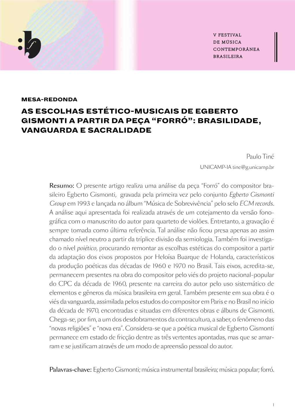 As Escolhas Estético-Musicais De Egberto Gismonti a Partir Da Peça “Forró”: Brasilidade, Vanguarda E Sacralidade