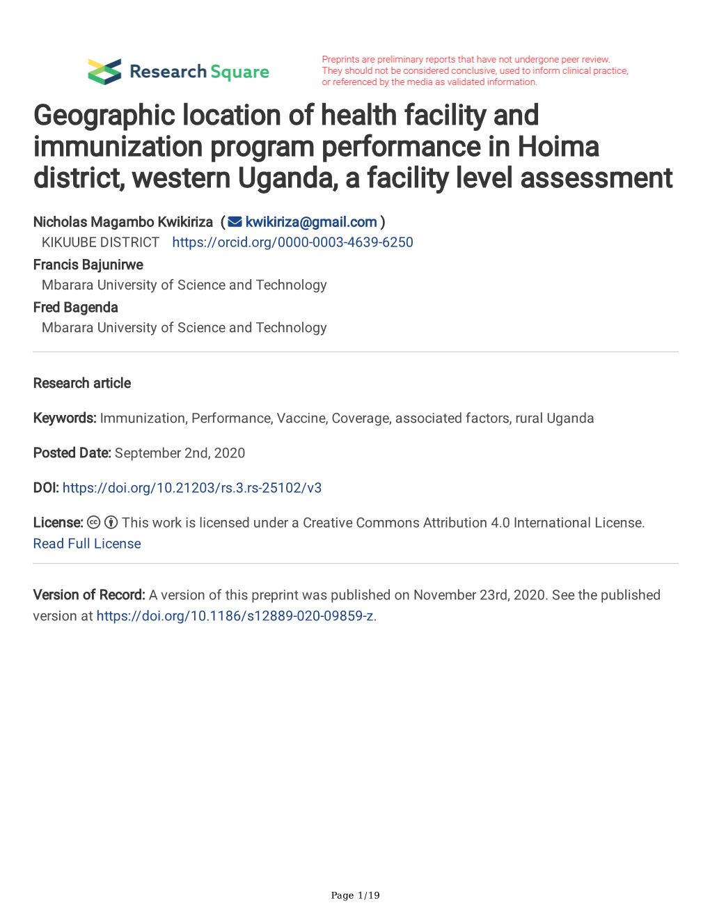 Geographic Location of Health Facility and Immunization Program Performance in Hoima District, Western Uganda, a Facility Level Assessment