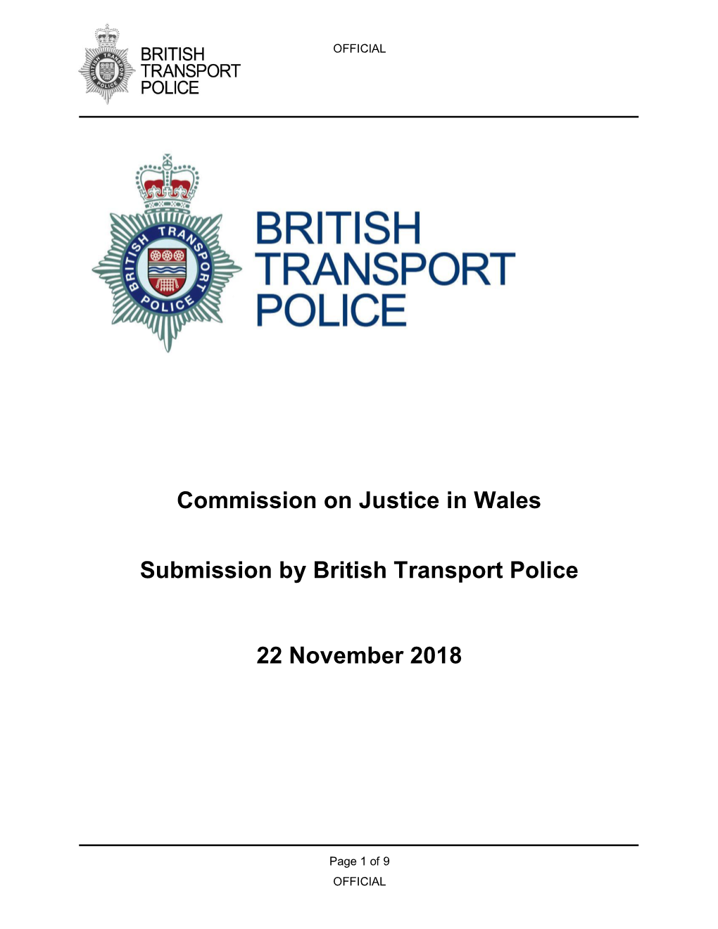 Commission on Justice in Wales Submission by British Transport Police 22 November 2018