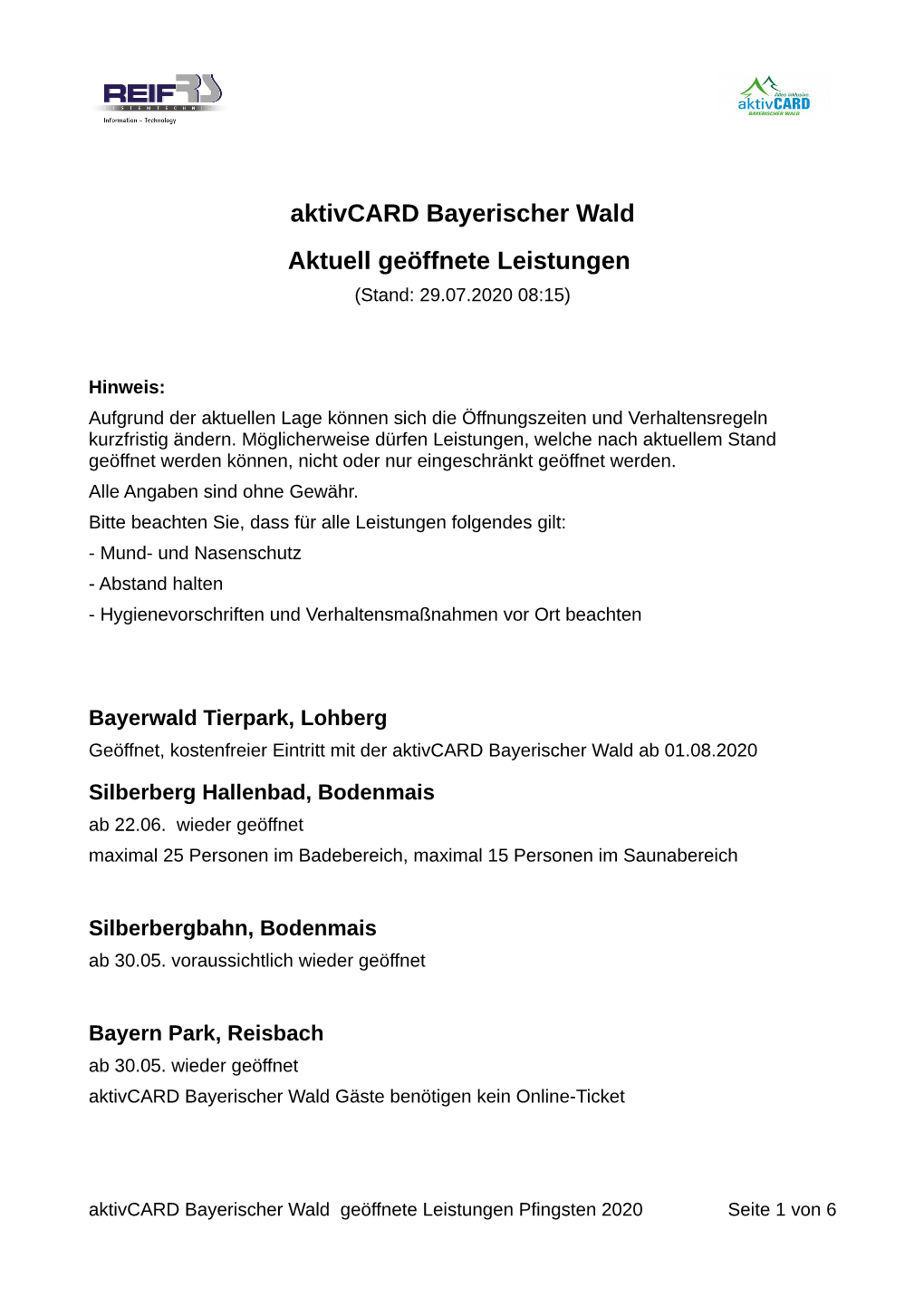 Aktivcard Bayerischer Wald Aktuell Geöffnete Leistungen (Stand: 29.07.2020 08:15)