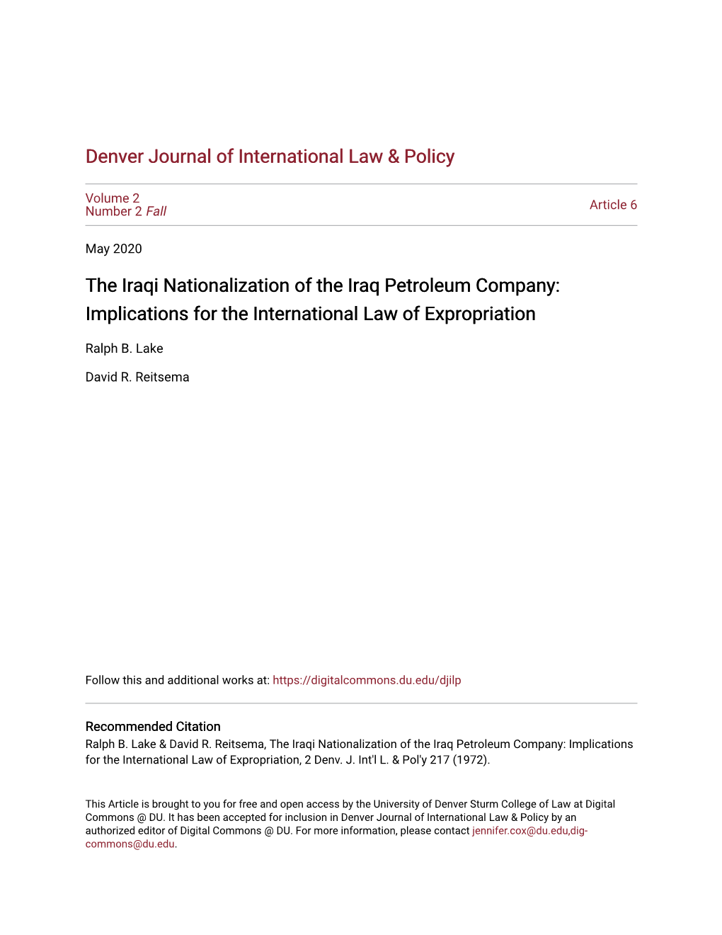 The Iraqi Nationalization of the Iraq Petroleum Company: Implications for the International Law of Expropriation