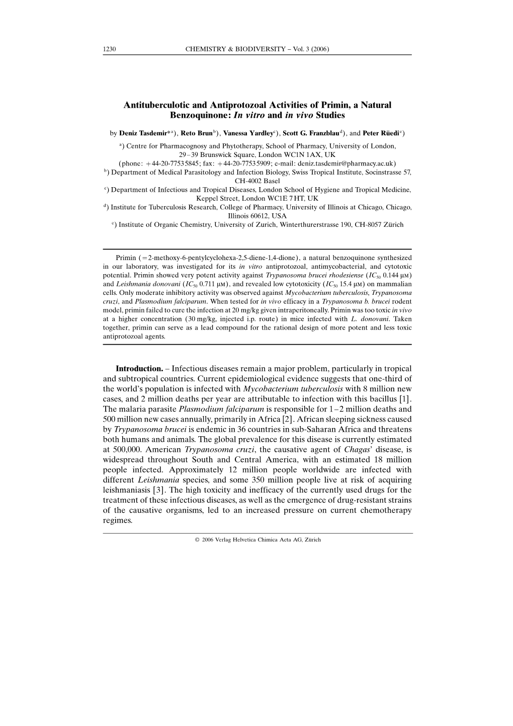 Antituberculotic and Antiprotozoal Activities of Primin, a Natural Benzoquinone: in Vitro and in Vivo Studies