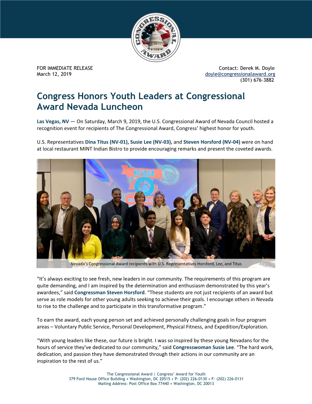 Congress Honors Youth Leaders at Congressional Award Nevada Luncheon