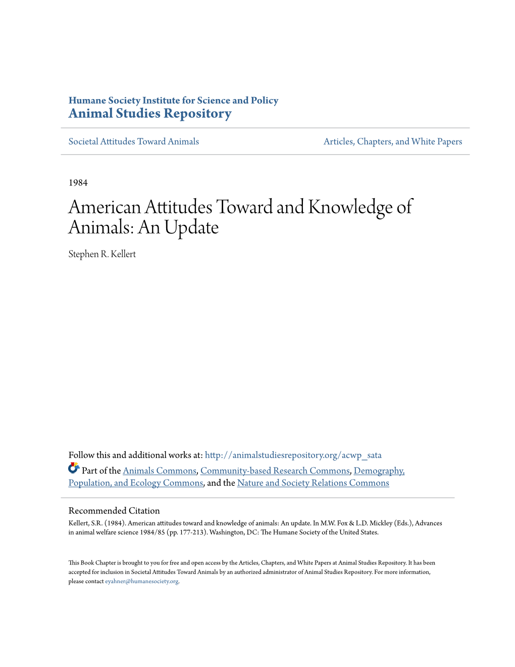American Attitudes Toward and Knowledge of Animals: an Update Stephen R