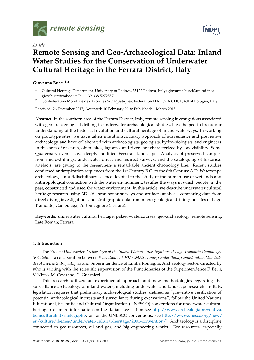 Remote Sensing and Geo-Archaeological Data: Inland Water Studies for the Conservation of Underwater Cultural Heritage in the Ferrara District, Italy