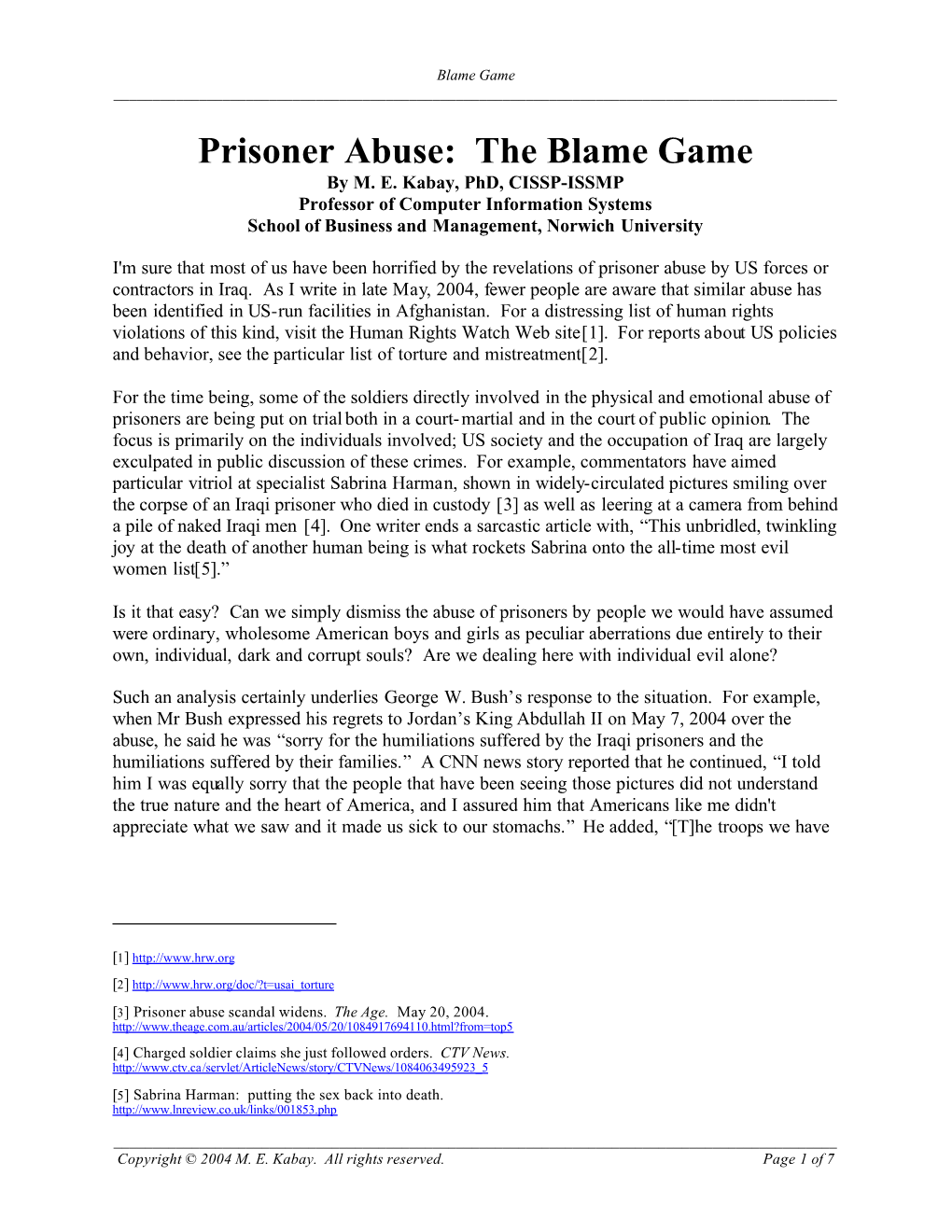 Prisoner Abuse: the Blame Game by M
