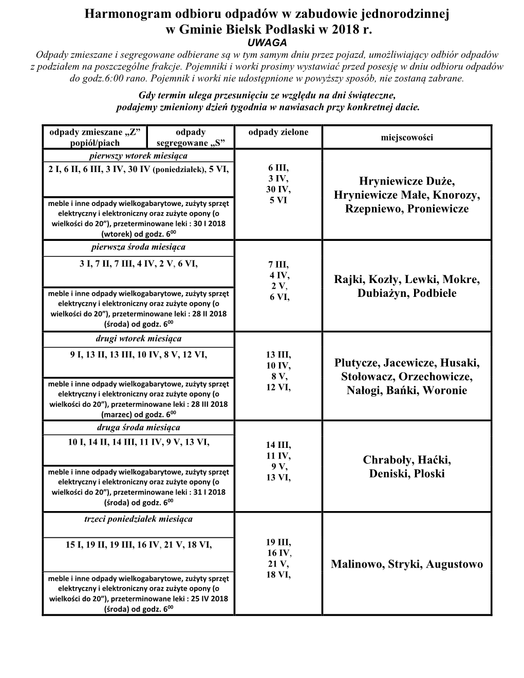 Harmonogram Odbioru Odpadów W Zabudowie Jednorodzinnej W Gminie Bielsk Podlaski W 2018 R