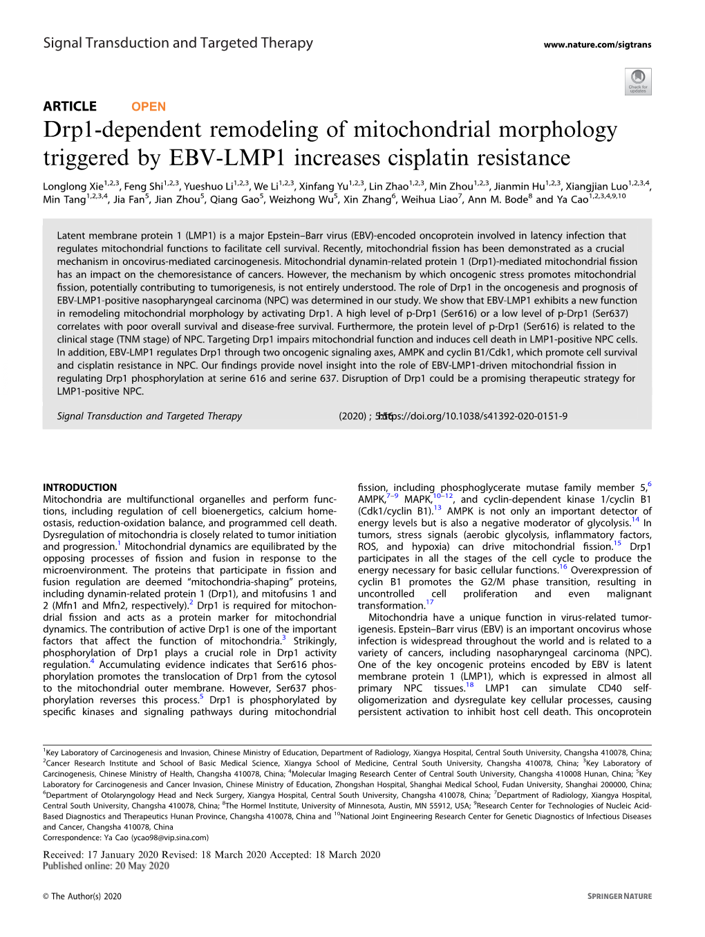 Drp1-Dependent Remodeling of Mitochondrial Morphology Triggered by EBV-LMP1 Increases Cisplatin Resistance