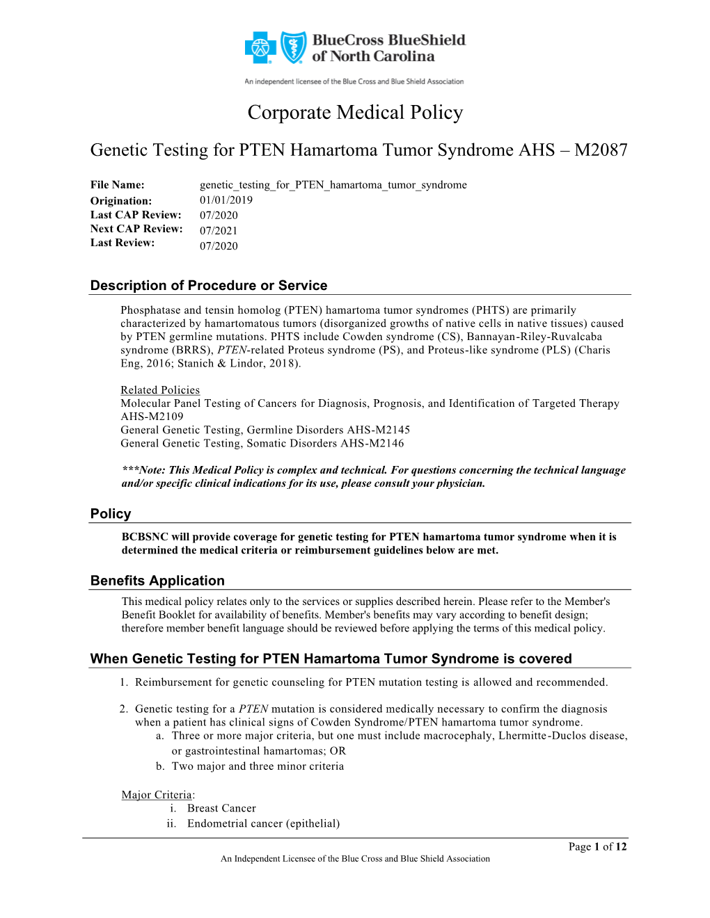 Genetic Testing for PTEN Hamartoma Tumor Syndrome AHS – M2087