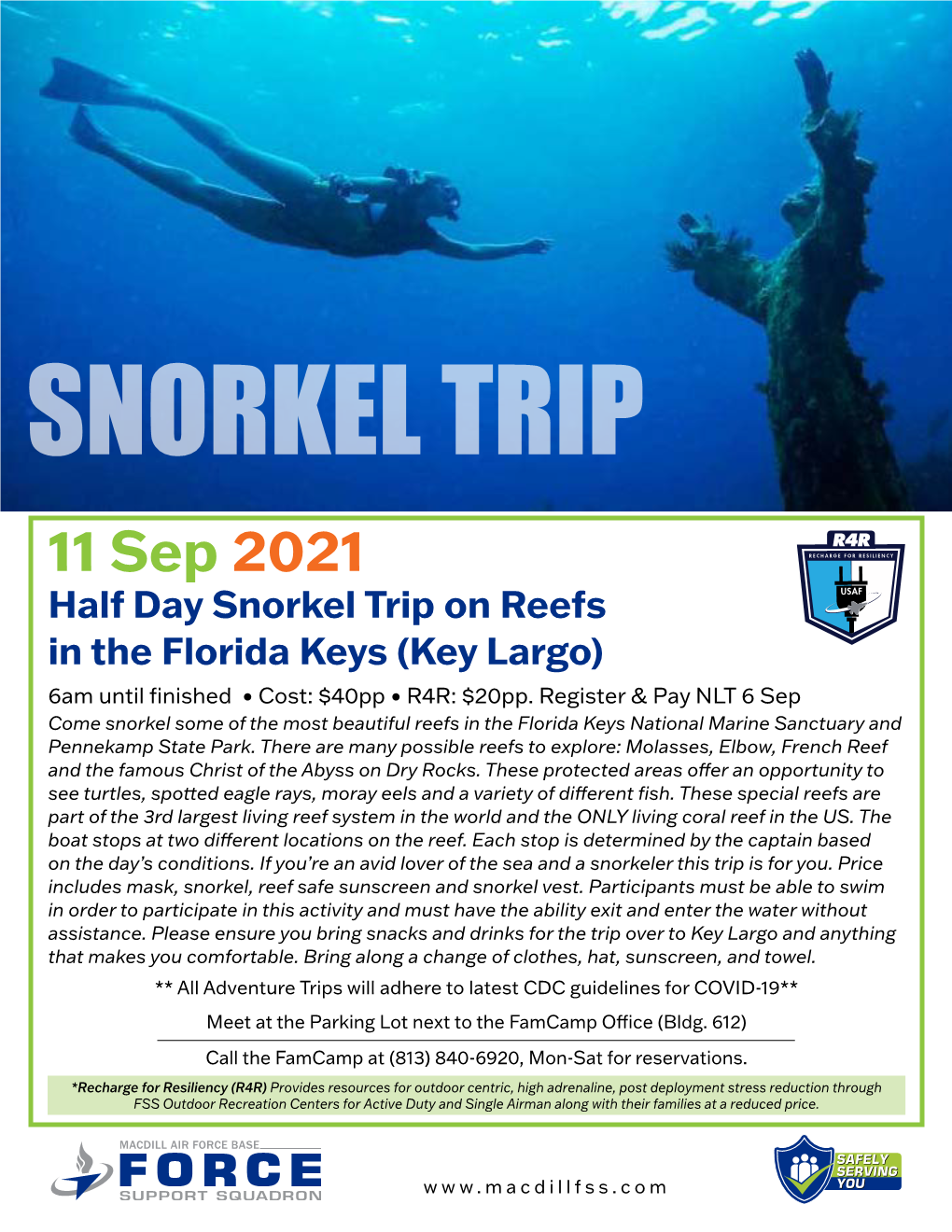 11 Sep 2021 Half Day Snorkel Trip on Reefs in the Florida Keys (Key Largo) 6Am Until Finished • Cost: $40Pp • R4R: $20Pp