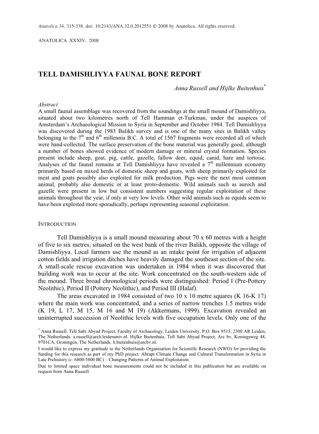 Tell Damishliyya Faunal Bone Report