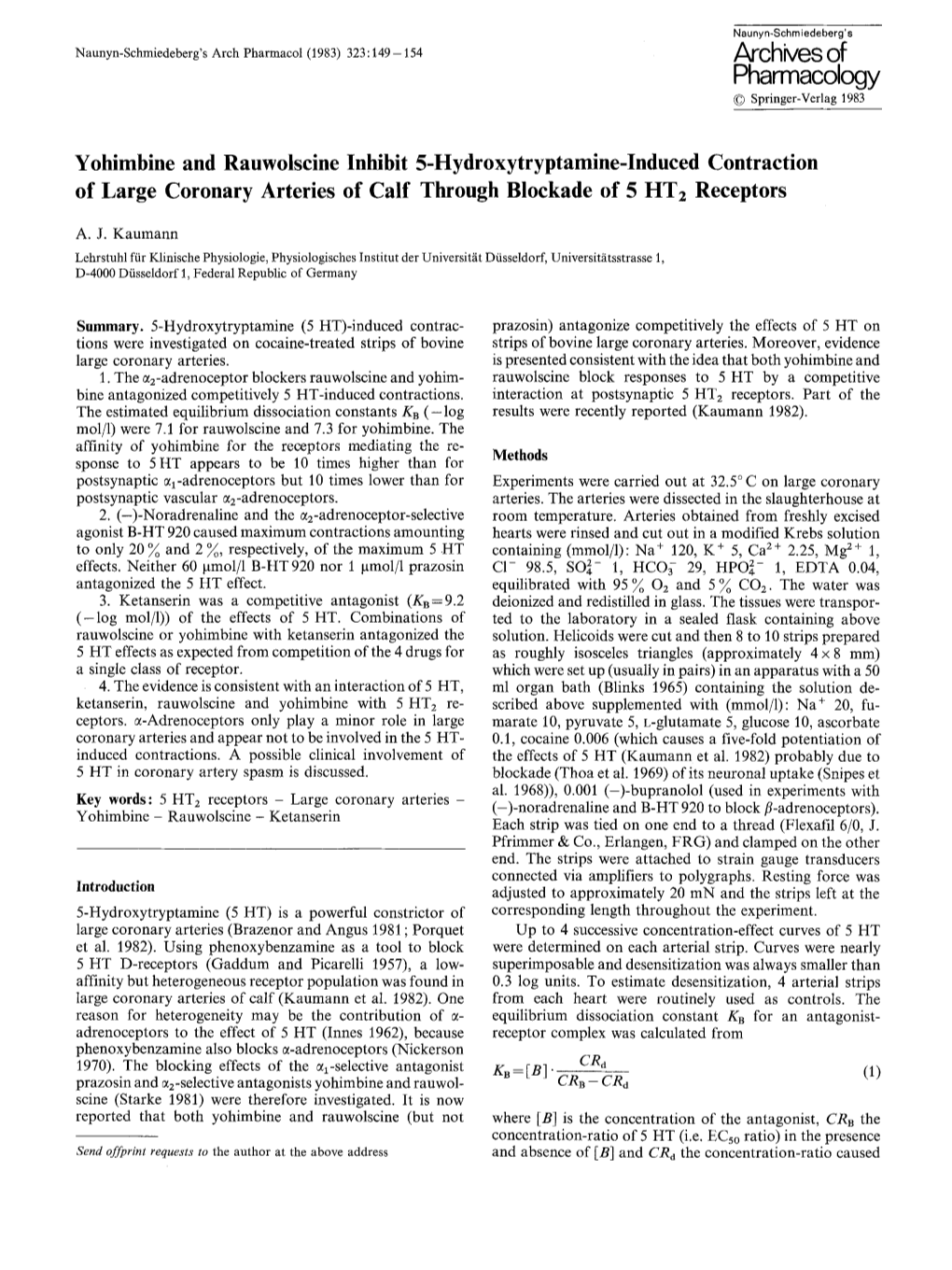 Yohimbine and Rauwolscine Inhibit 5-Hydroxytryptamine-Induced Contraction of Large Coronary Arteries of Calf Through Blockade of 5 HT2 Receptors