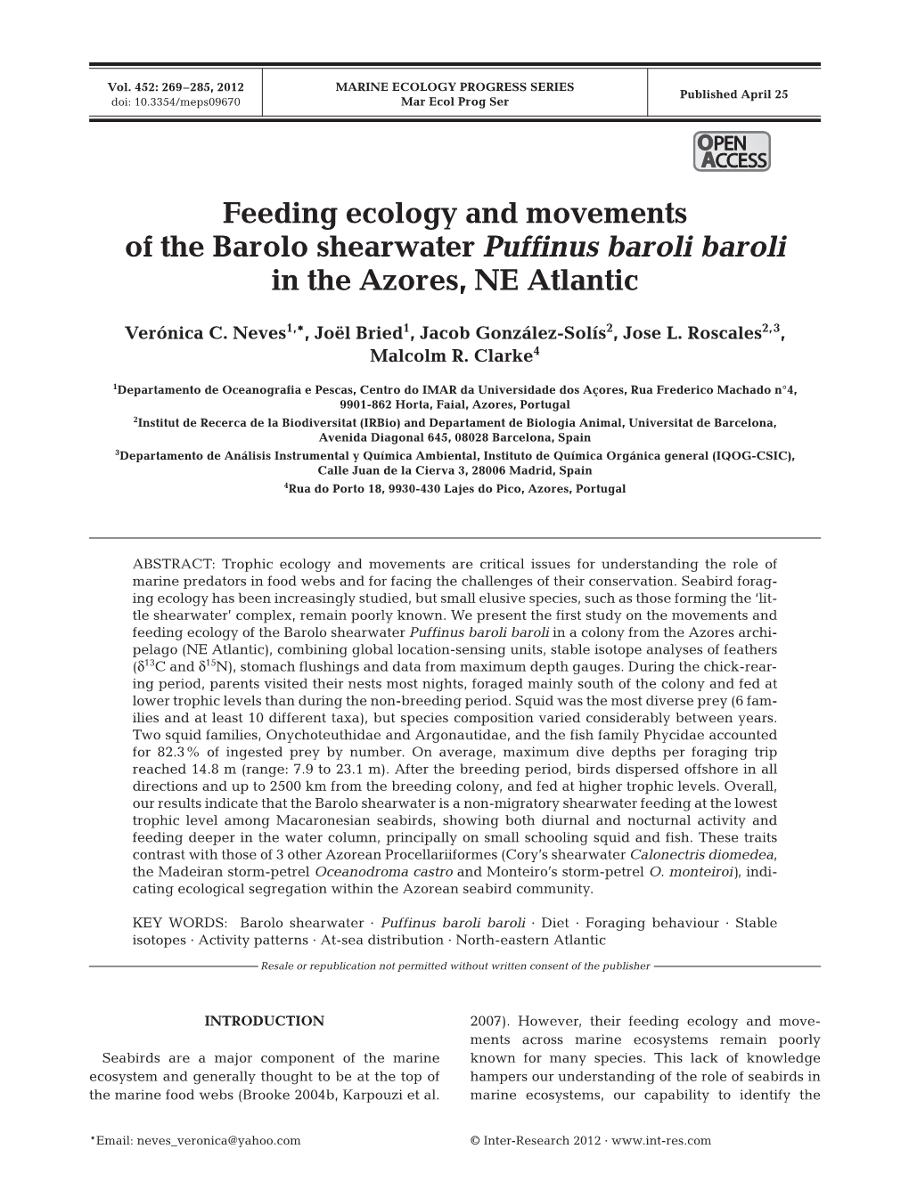Feeding Ecology and Movements of the Barolo Shearwater Puffinus Baroli Baroli in the Azores, NE Atlantic