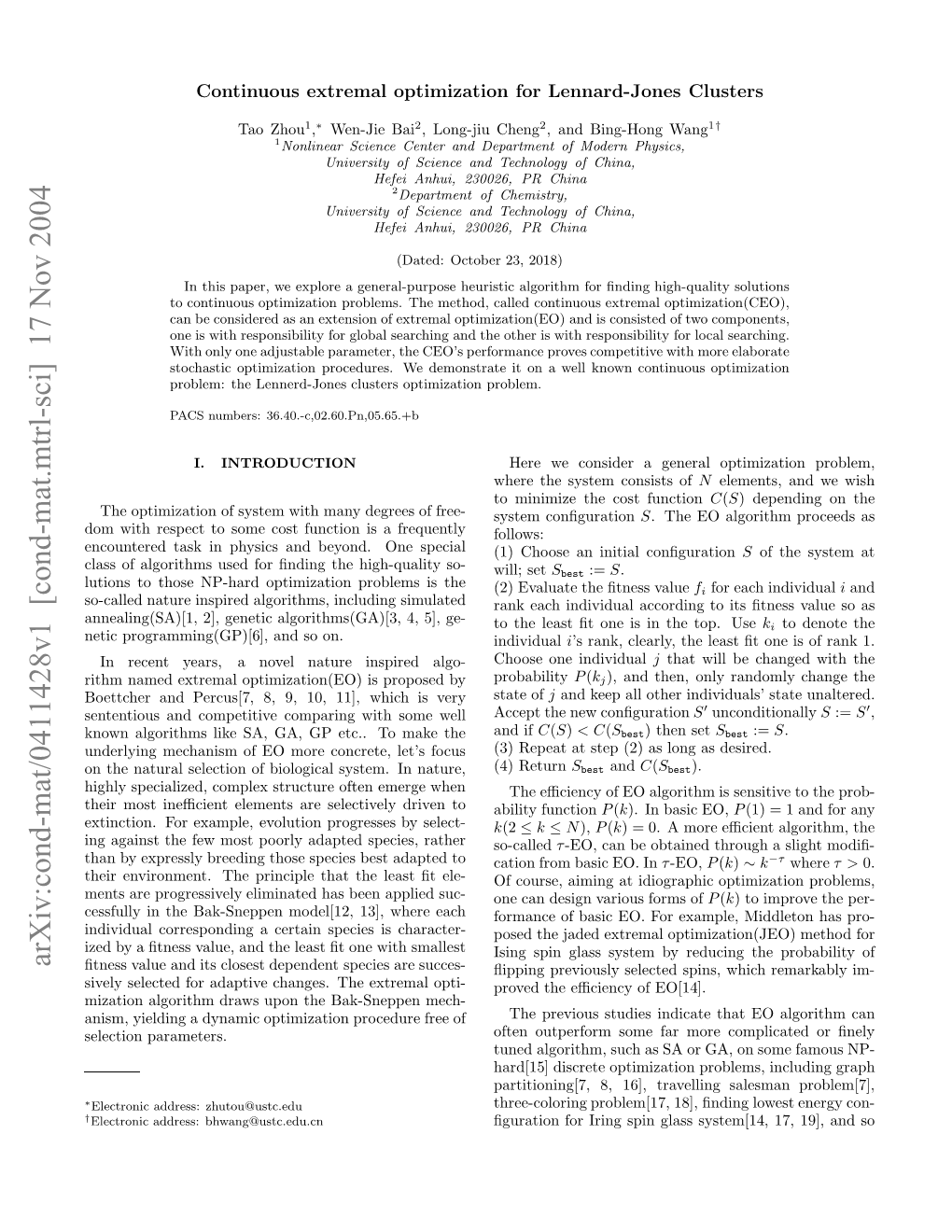 Continuous Extremal Optimization for Lennard-Jones Clusters