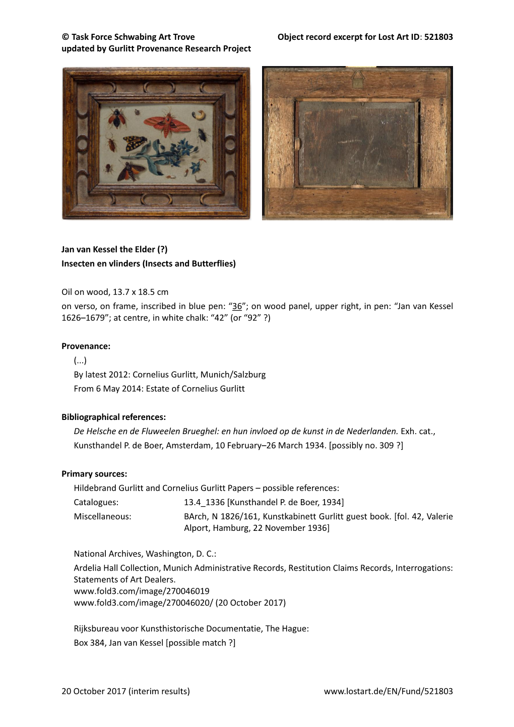 © Task Force Schwabing Art Trove Object Record Excerpt for Lost Art ID: 521803 Updated by Gurlitt Provenance Research Project 2