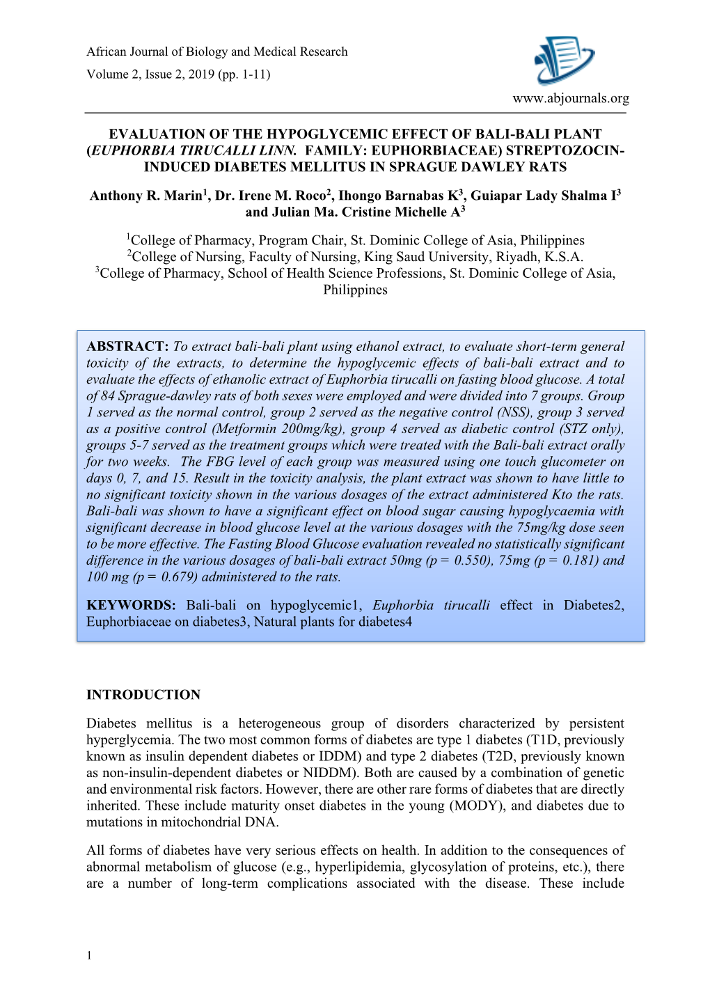 EUPHORBIA TIRUCALLI LINN. FAMILY: EUPHORBIACEAE) STREPTOZOCIN- INDUCED DIABETES MELLITUS in SPRAGUE DAWLEY RATS Anthony R