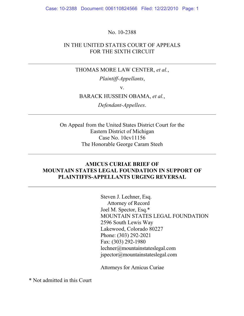 Amicus Curiae Brief of Mountain States Legal Foundation in Support of Plaintiffs-Appellants Urging Reversal