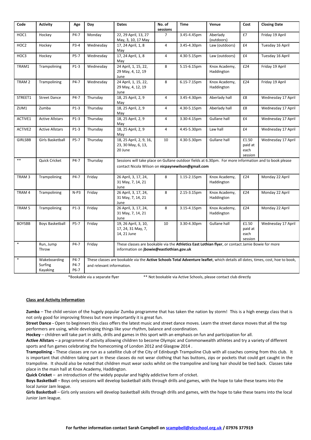 Class and Activity Information