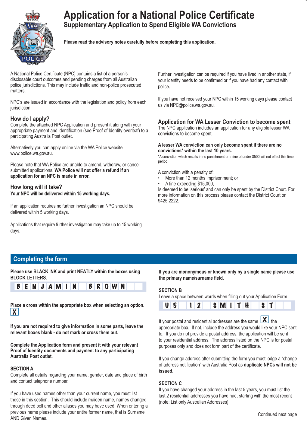 Application for a National Police Certificate Supplementary Application to Spend Eligible WA Convictions