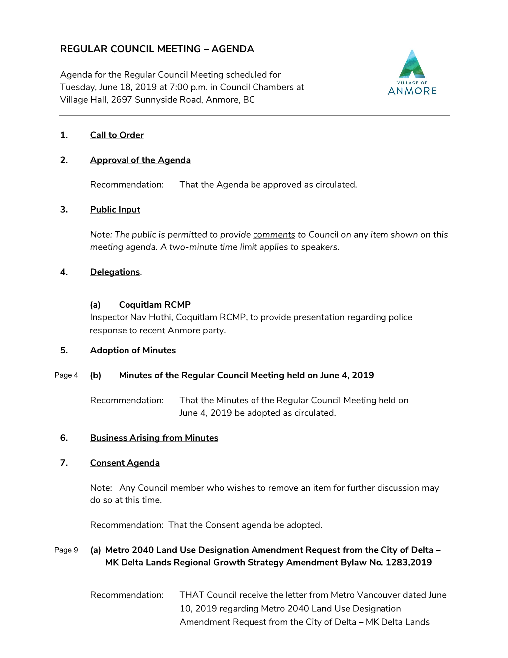 Regular Council Meeting – Agenda