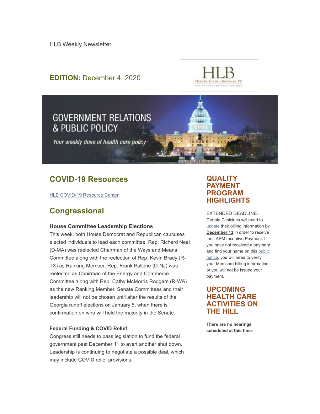 HLB Weekly Health Policy Update December 4, 2020