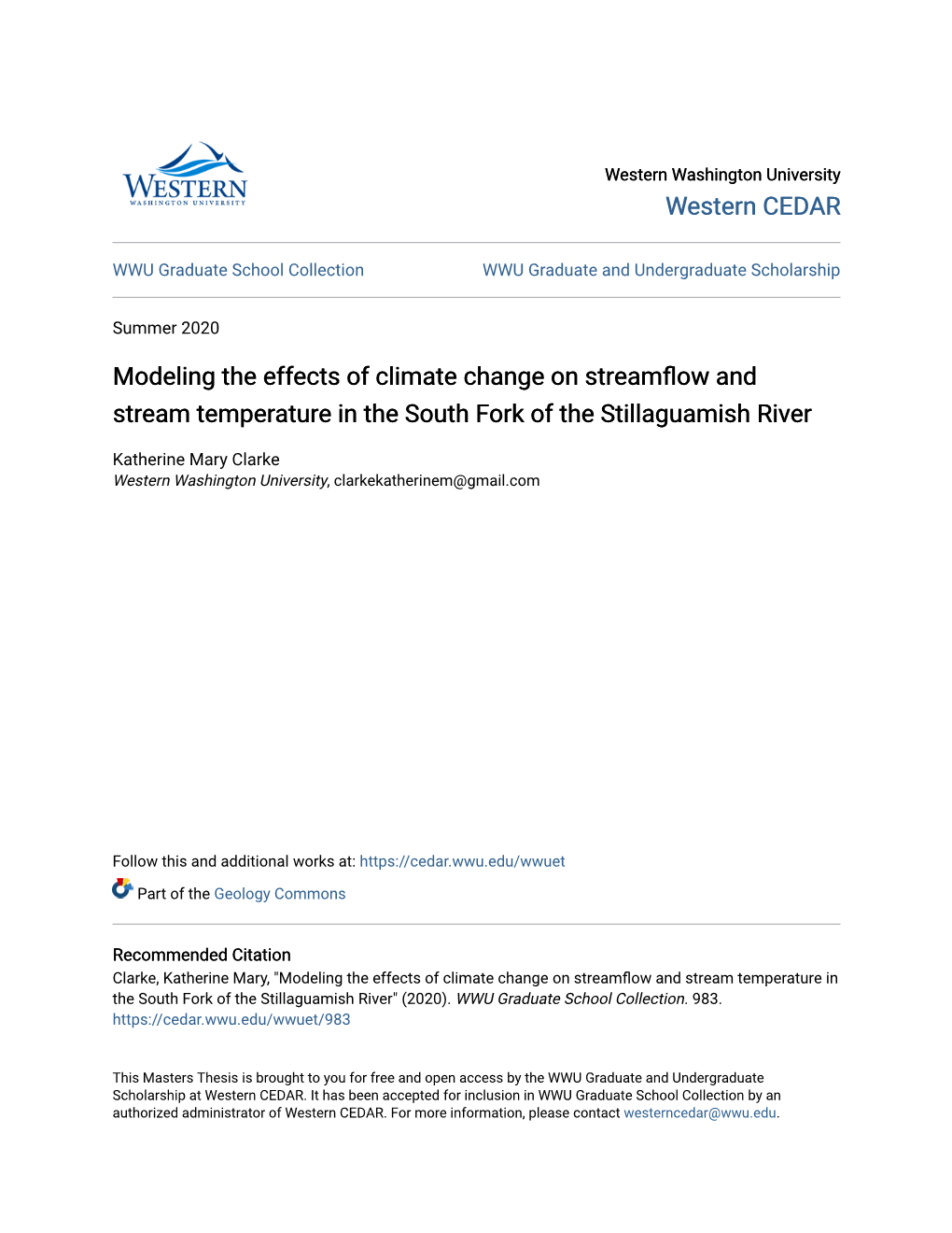 Modeling the Effects of Climate Change on Streamflow and Stream Temperature in the South Fork of the Stillaguamish River