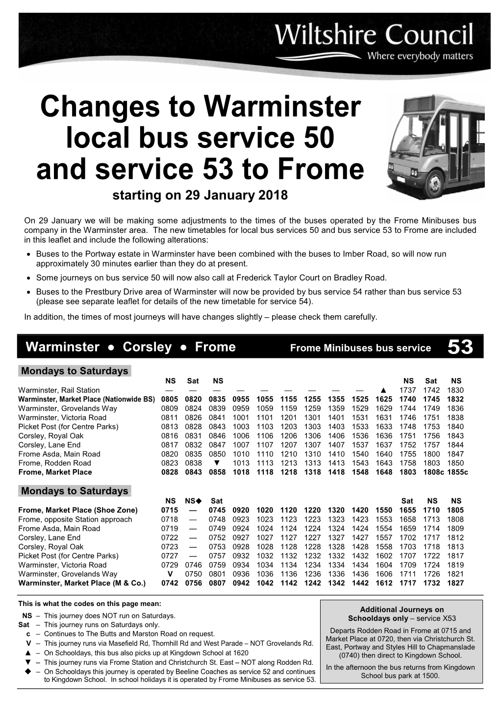 Changes to Warminster Local Bus Service 50 and Service 53 to Frome