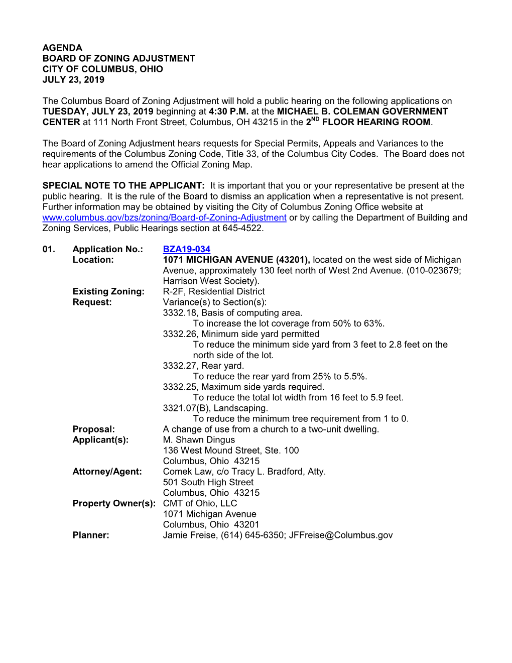 AGENDA BOARD of ZONING ADJUSTMENT CITY of COLUMBUS, OHIO JULY 23, 2019 the Columbus Board of Zoning Adjustment Will Hold a Publi