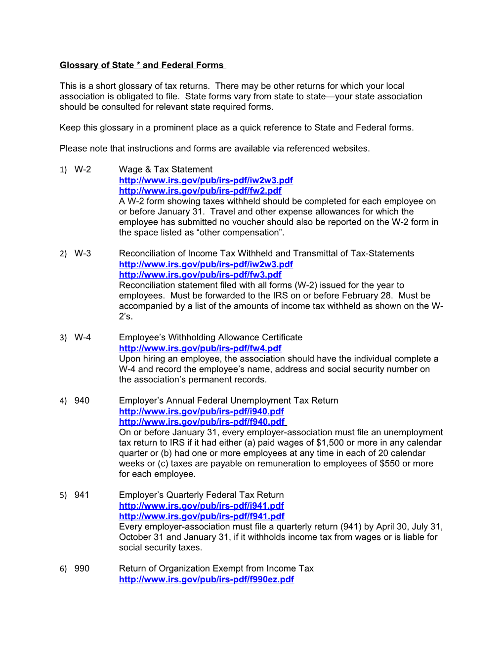 Glossary of State * and Federal Forms