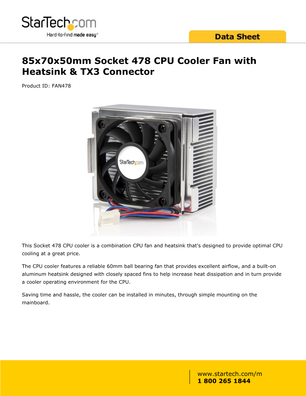 85X70x50mm Socket 478 CPU Cooler Fan with Heatsink & TX3 Connector