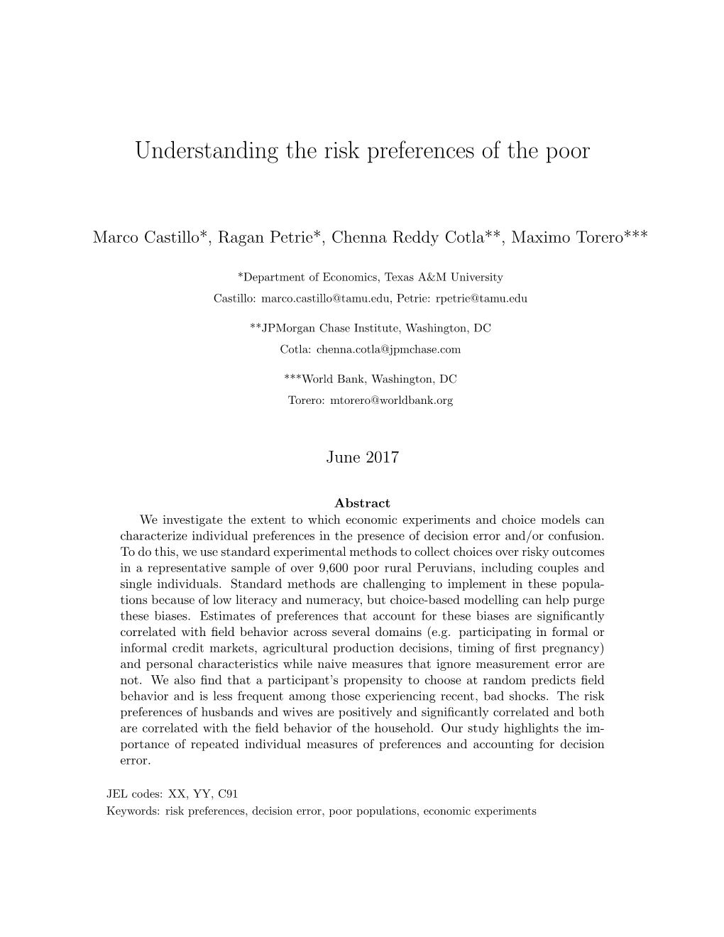 Understanding the Risk Preferences of the Poor