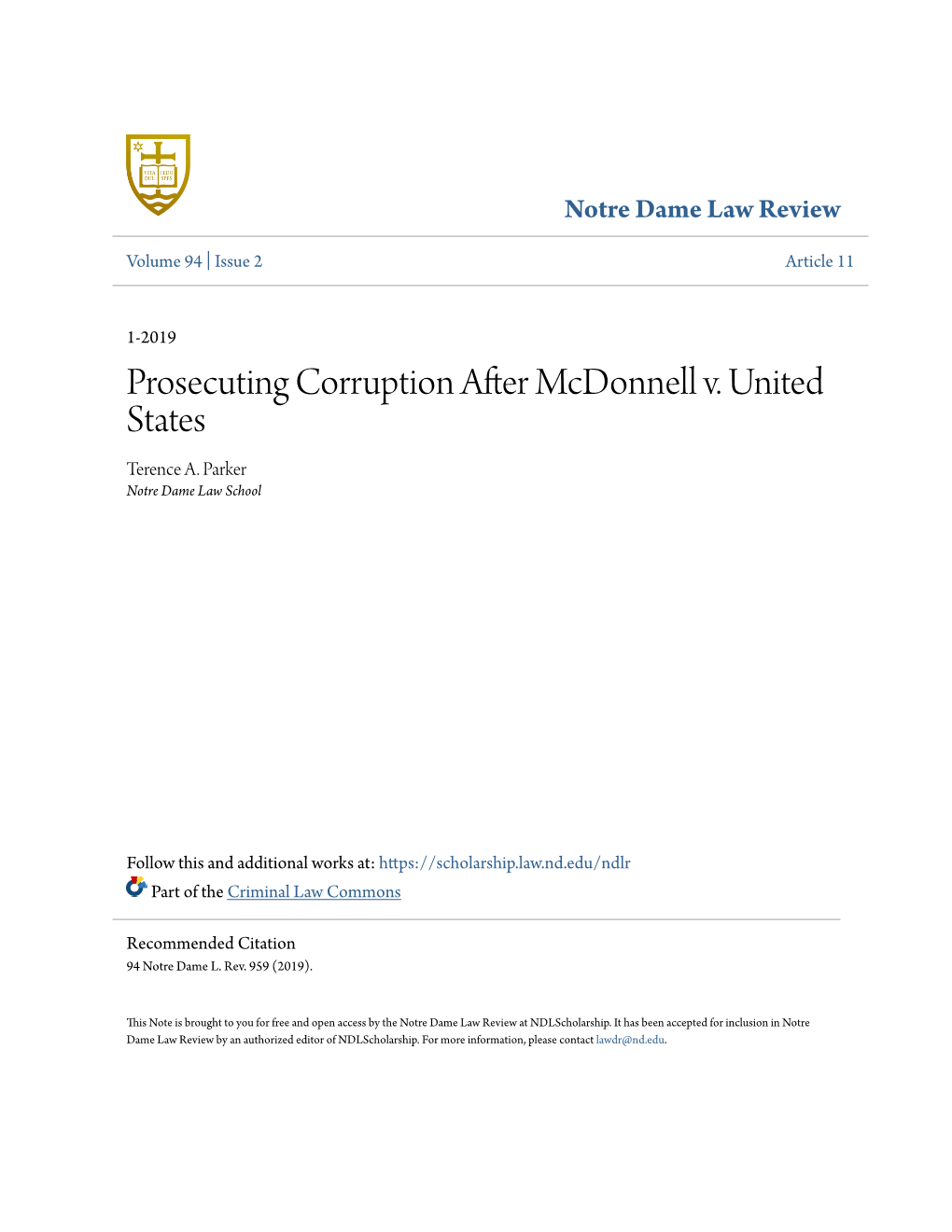 Prosecuting Corruption After Mcdonnell V. United States Terence A