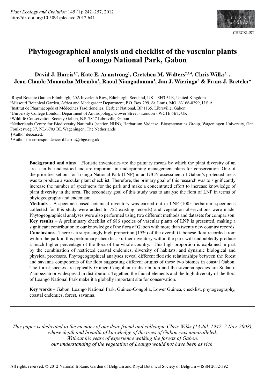Phytogeographical Analysis and Checklist of the Vascular Plants of Loango National Park, Gabon