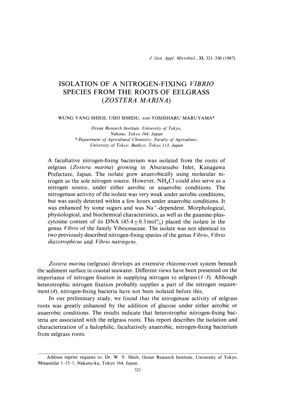 Isolation of Anitrogen-Fixing Vibrio Species from the Roots of Eelgrass (Zostera Marina)