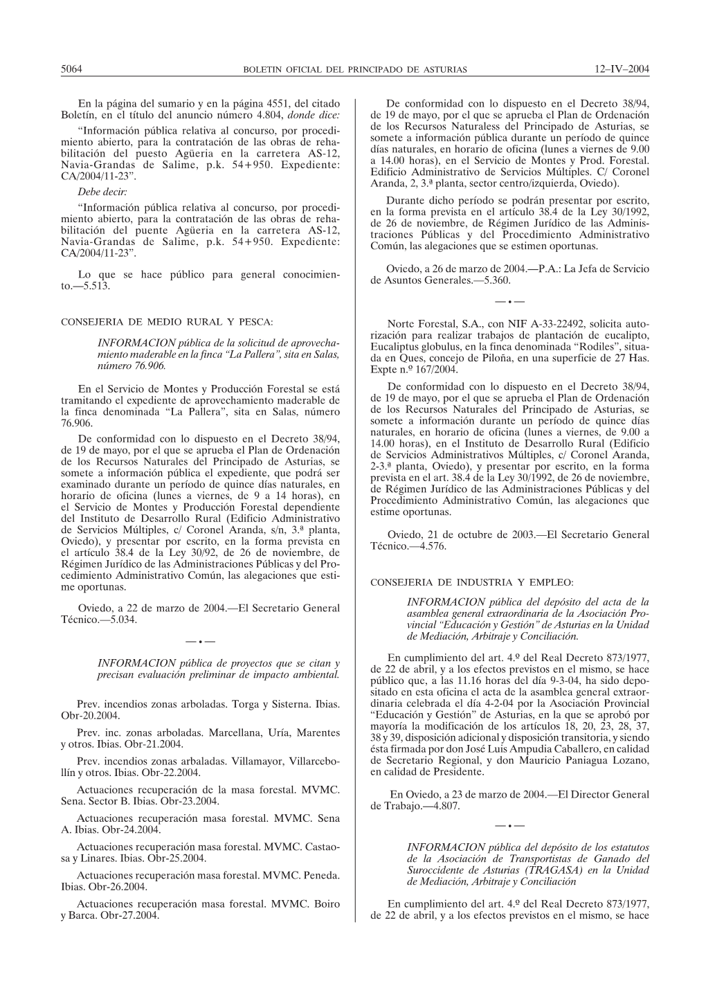 12–IV–2004 5064 En La Página Del Sumario Y En La Página 4551, Del Citado Boletín, En El Título Del Anuncio Número 4.804