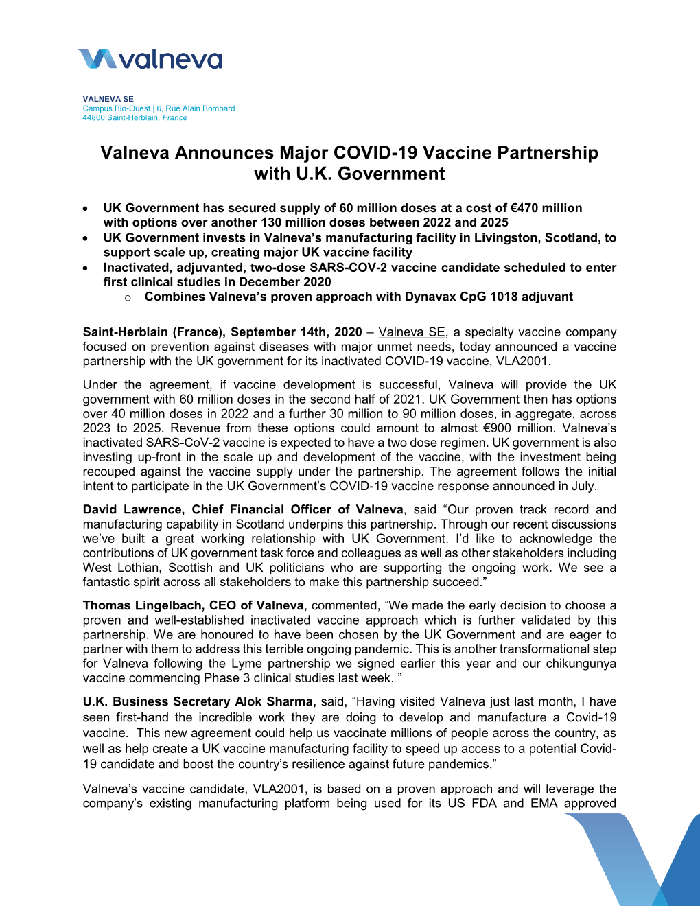 Valneva Announces Major COVID-19 Vaccine Partnership with U.K. Government