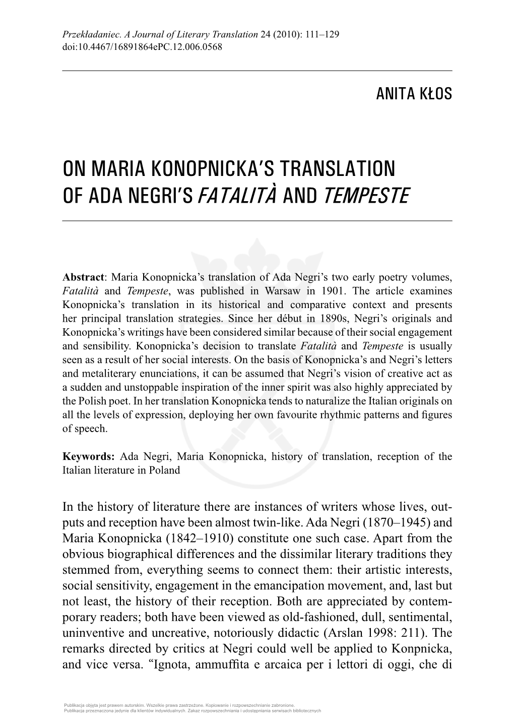 On Maria Konopnicka's Translation of Ada Negri's