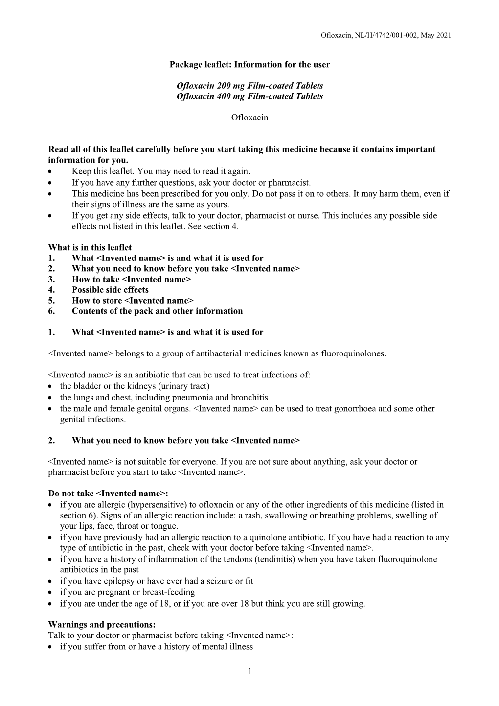 1 Package Leaflet: Information for the User Ofloxacin 200 Mg Film-Coated